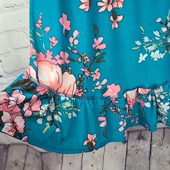 Anthropologie Uncle Frank Super Soft Teal Floral Print Ruffled Shift Midi Dress - Picture 4 of 10